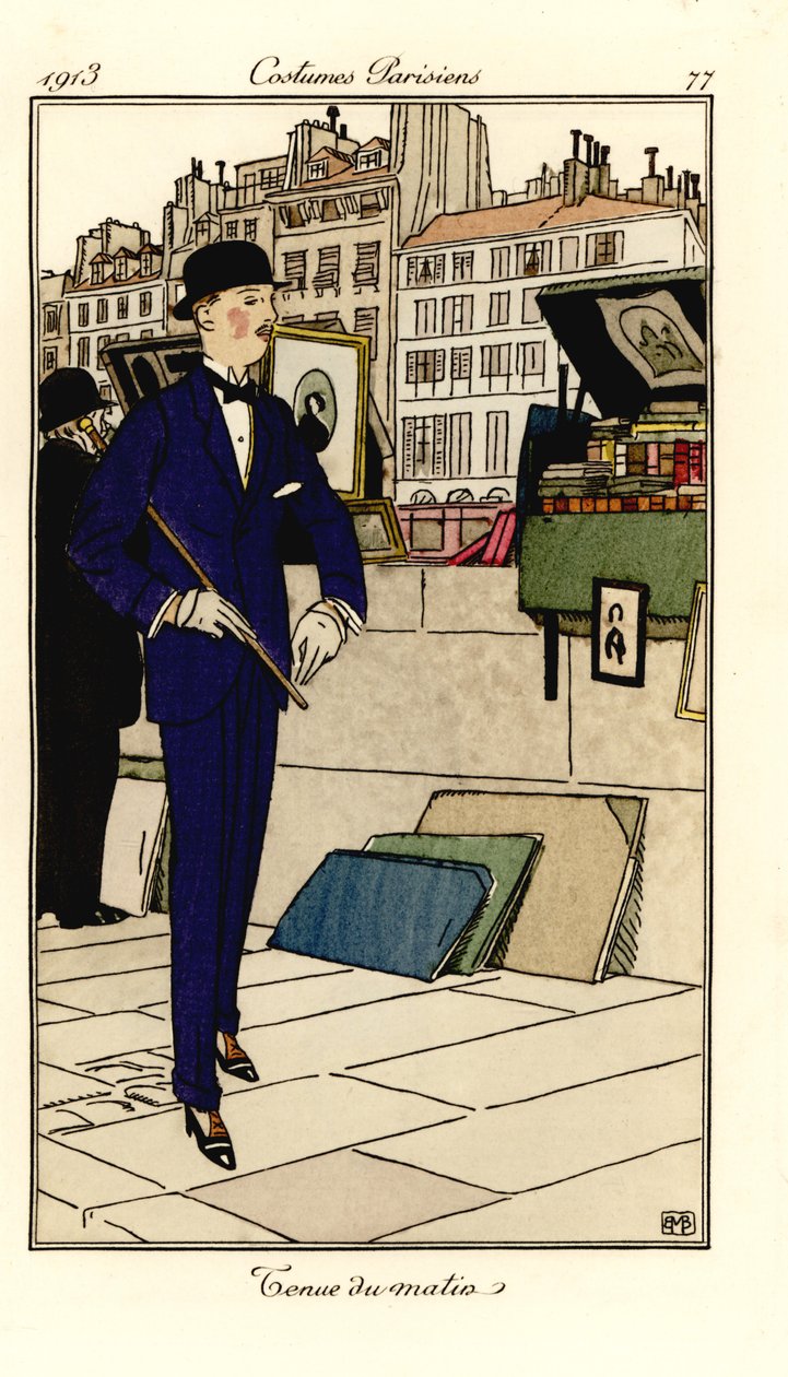 Takım elbiseli, melon şapkalı ve bastonlu bir adam Seine'deki kitapçıların yanından geçiyor. Sabah kıyafeti. Tommaso Antongini'nin Journal des Dames et des Modes, Aux Bureaux du Journa'dan Bernard Boutet de Monvel tarafından yapılan bir illüstr by Bernard Boutet de Monvel