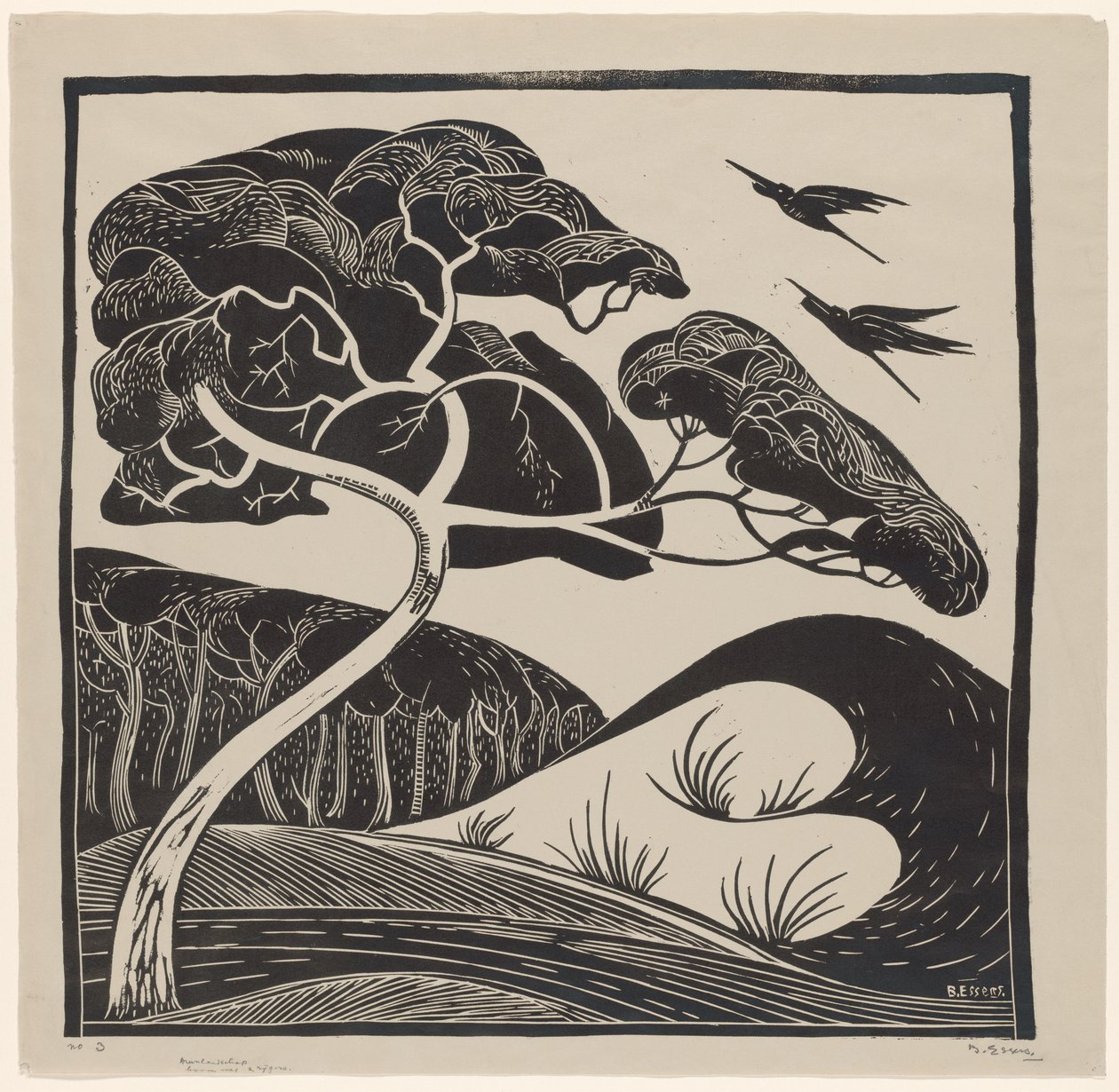 Kum tepesi manzarası (nesne üzerindeki başlık) 2 balıkçıllı ağaç (nesne üzerindeki başlık) by Bernard Essers (signed by artist)