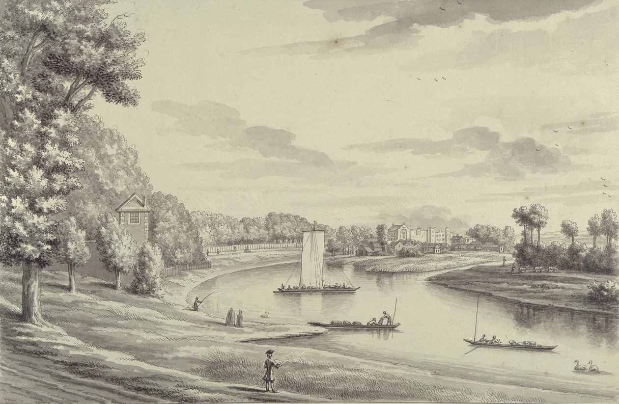 Uzakta Hampton Court Feribotu ve Hampton Kilisesi