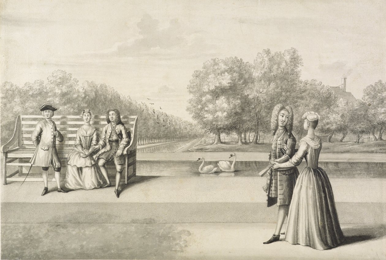 Long Water kıyısındaki rakamlar, Hampton Court Palace (kağıt üzerine kurşun kalem ve mürekkeple gri yıkama) by Bernard Lens