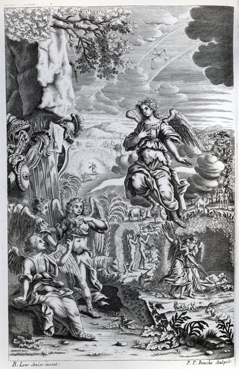 The archangel Uriel informs Gabriel that Satan is in the Garden of Eden, illustration from 