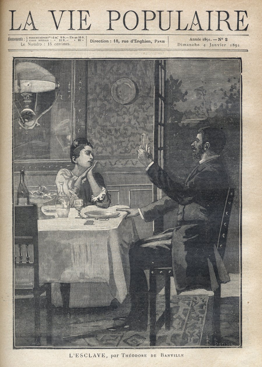Bir kadın, bir çift olarak bir yemekte karşısında oturan adamın konuşmasını sevgiyle ve hayranlıkla dinler. Theodore de Banville (1823-1891) tarafından “Köle”nin B. Borione