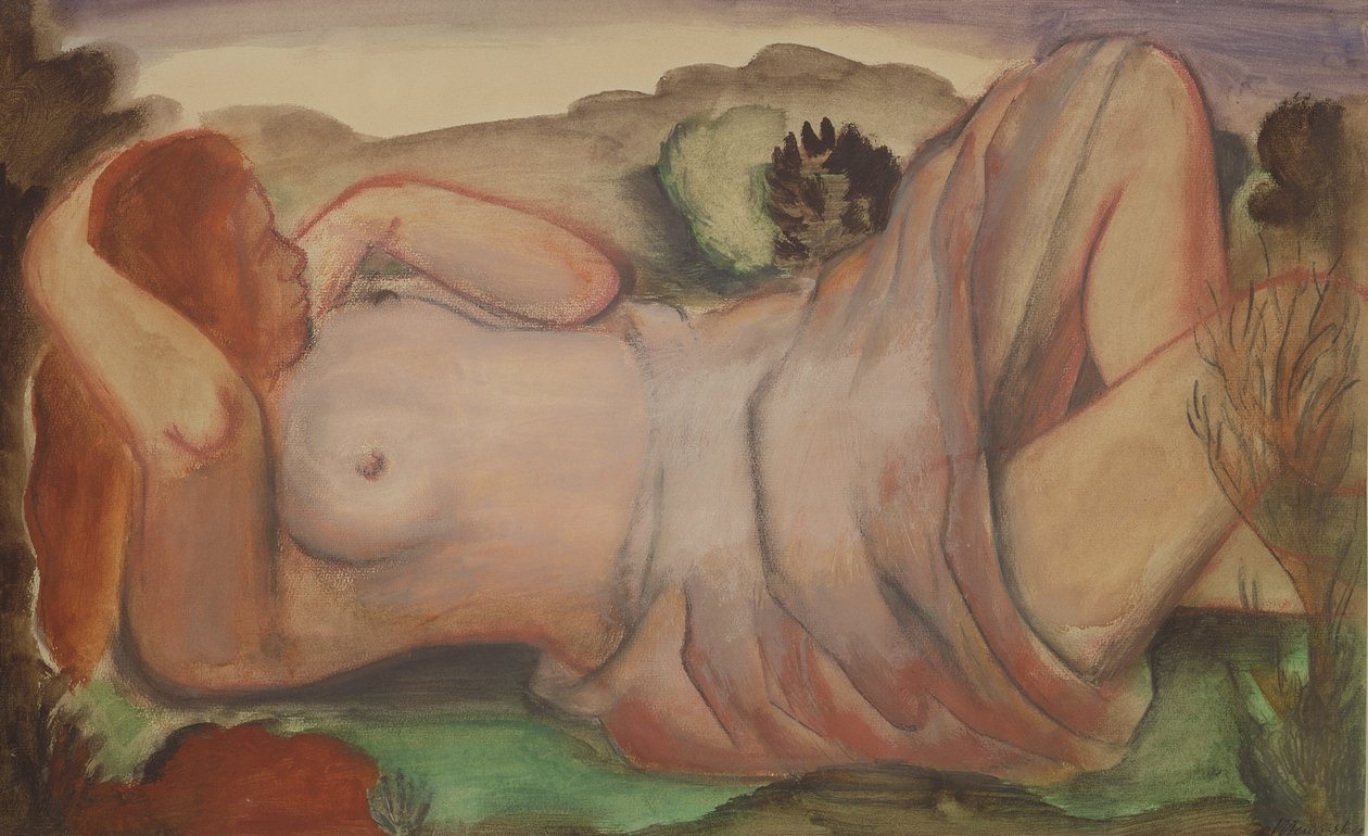 Bir manzarada çıplak uzanmış, 1940 dolayları (guaj, suluboya ve kurşun kalem) by Bernard Meninsky