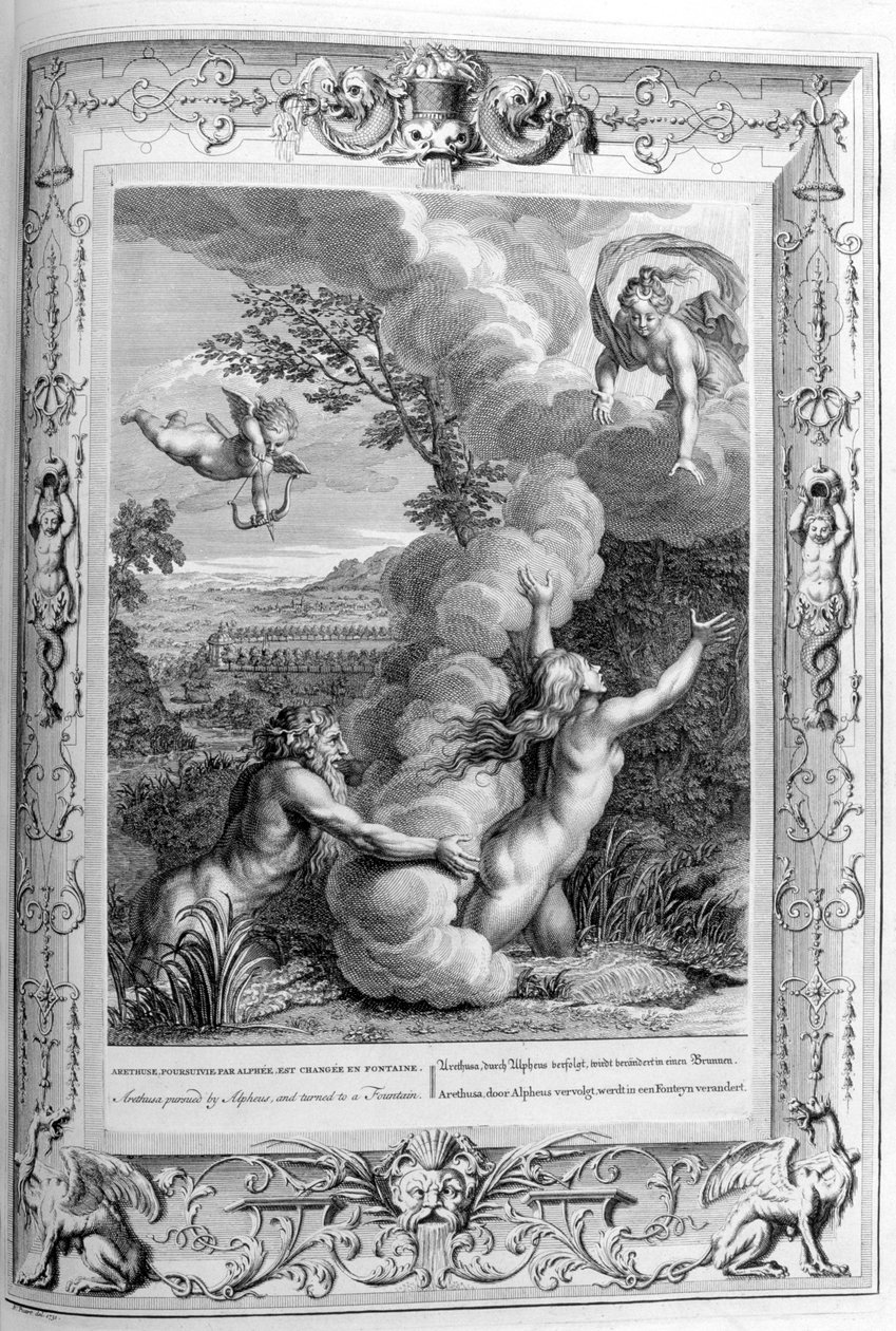 Arethusa, Alpheus tarafından takip edilip çeşmeye çevrildi, 1733 by Bernard Picart