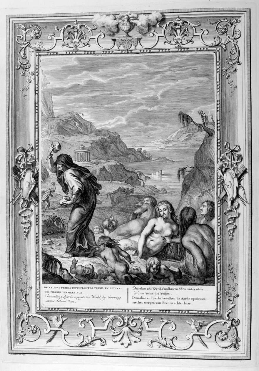 Deucalion ve Pyrrha, arkalarına taşlar atarak dünyayı yeniden insanlaştırır, 1733 by Bernard Picart