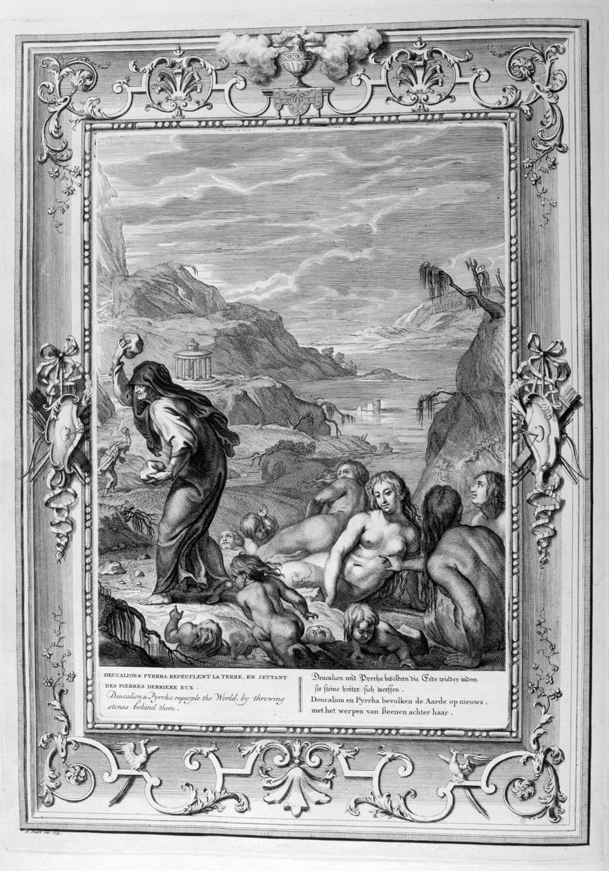 Deucalion, karısı Pyrrha ile tufandan sağ çıktı (gravür) by Bernard Picart