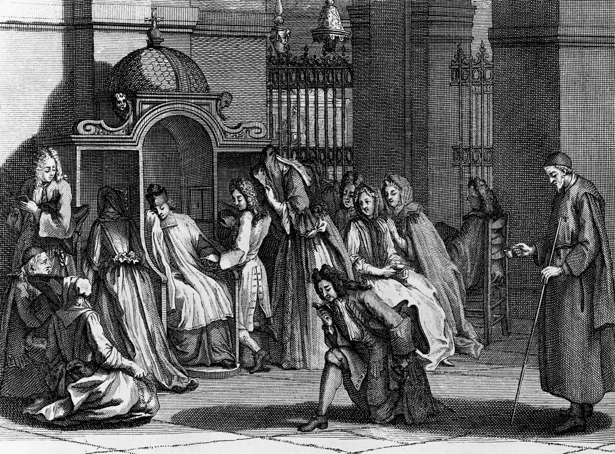 Günah çıkarma odasının önünde sadık bekleme, Bernard Picart (1673-1733) tarafından Tüm Dünya Halklarının Dini Törenleri ve Geleneklerinden gravür by Bernard Picart