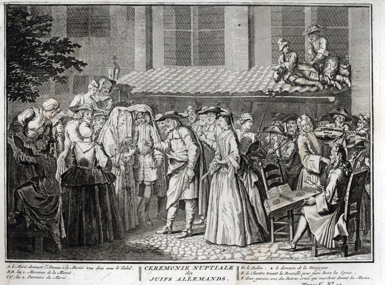 Alman Yahudi cemaatinde Yahudi düğünü “İllüstrasyon de ceremonies et gümrük dinleri de les peuple du monde” den gravür Bernard Picart (1723-1743) 1819 Özel koleksiyon by Bernard Picart