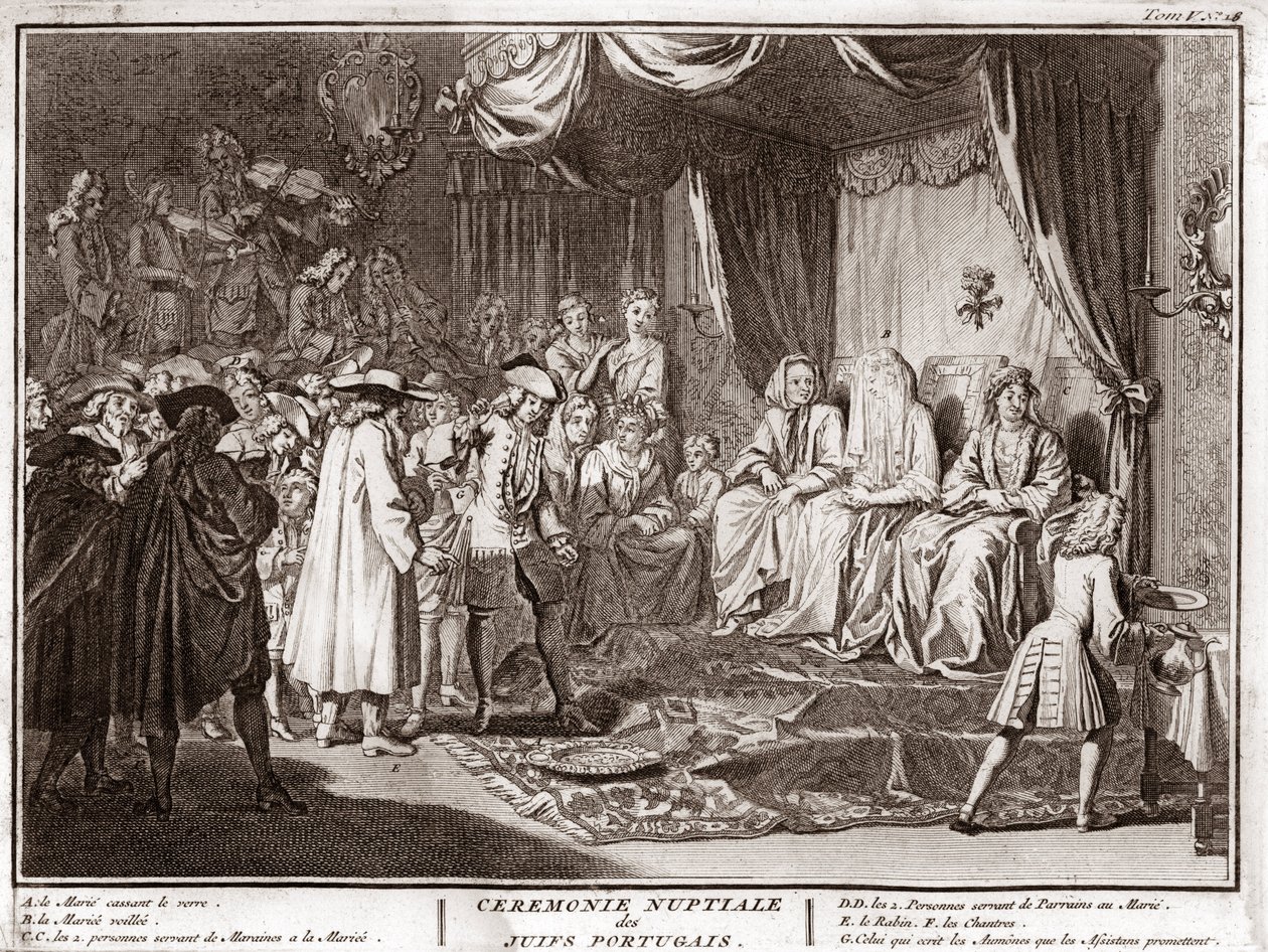 Yahudi Portekiz topluluğunda Yahudi düğünü “” Dünyanın tüm halklarının törenleri ve dini geleneklerinin çizimi” nden gravür Bernard Picart (1723-1743) 1819 Özel koleksiyon by Bernard Picart