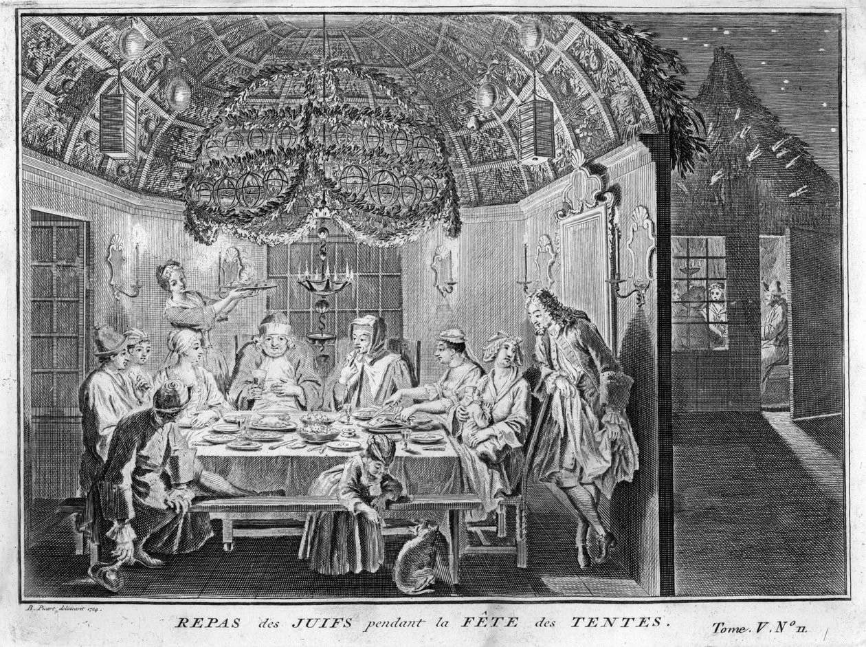 Yahudilik: Sukkot (succot veya Sukkos) çardak veya çardak ziyafeti sırasında Yahudi halkı için yemek) “İllüstrasyon de ceremonies ve gümrük religieuses de tous les peuples du monde” Bernard Picart (1723-1743) 1819 Özel koleksiyon by Bernard Picart
