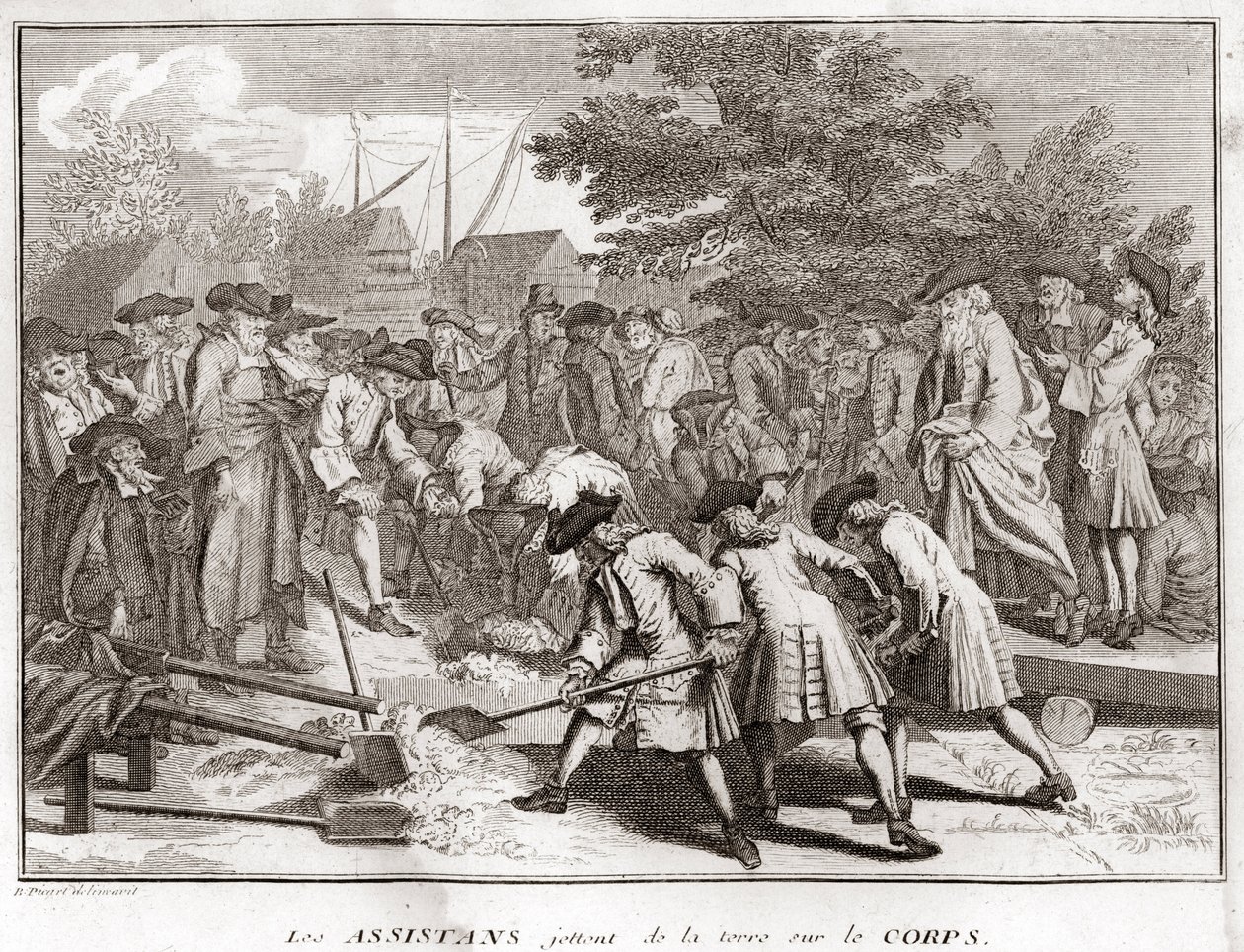 Yahudilik: Cenaze sırasında yardımcılar vücuda toprak atarlar (Yahudi cenazesi) Bernard Picart (1723-1743) 1819 Özel koleksiyon by Bernard Picart