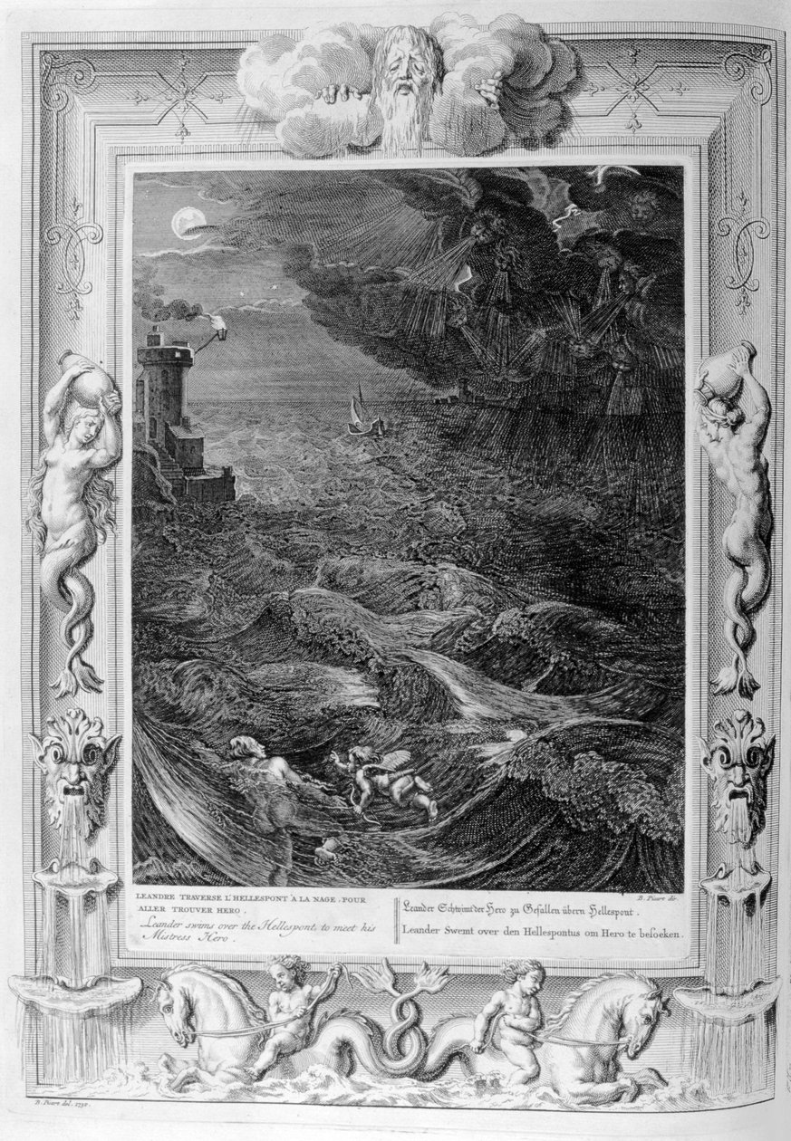 Leander, Kahraman Metresi ile Tanışmak için Hellespont'u Yüzerek Geçiyor, 1733 by Bernard Picart