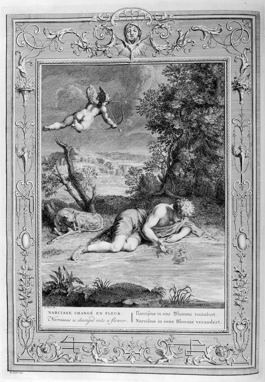 Kendi yansımasına aşık olan Narcissus, 1733 by Bernard Picart