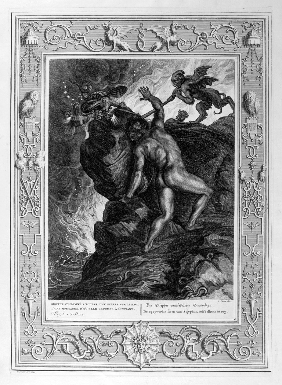 Sisifos taşını bir dağa iterken, 1733 by Bernard Picart