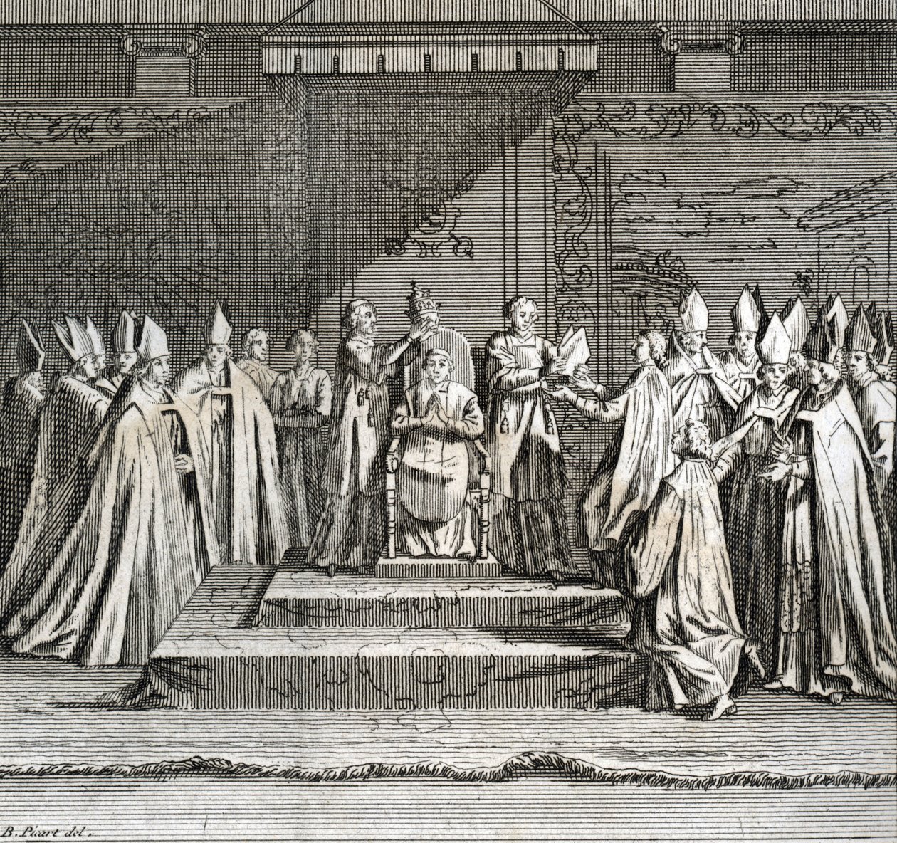 Papalığın Ciddi Açılışı “” Temsil du Coronation du pope” (papalığın açılışı: papanın taç giyme töreni) Bernard Picart (1723-1743) tarafından “Dünyanın tüm halklarının törenleri ve dini geleneklerinin çizimi” nden gravür by Bernard Picart