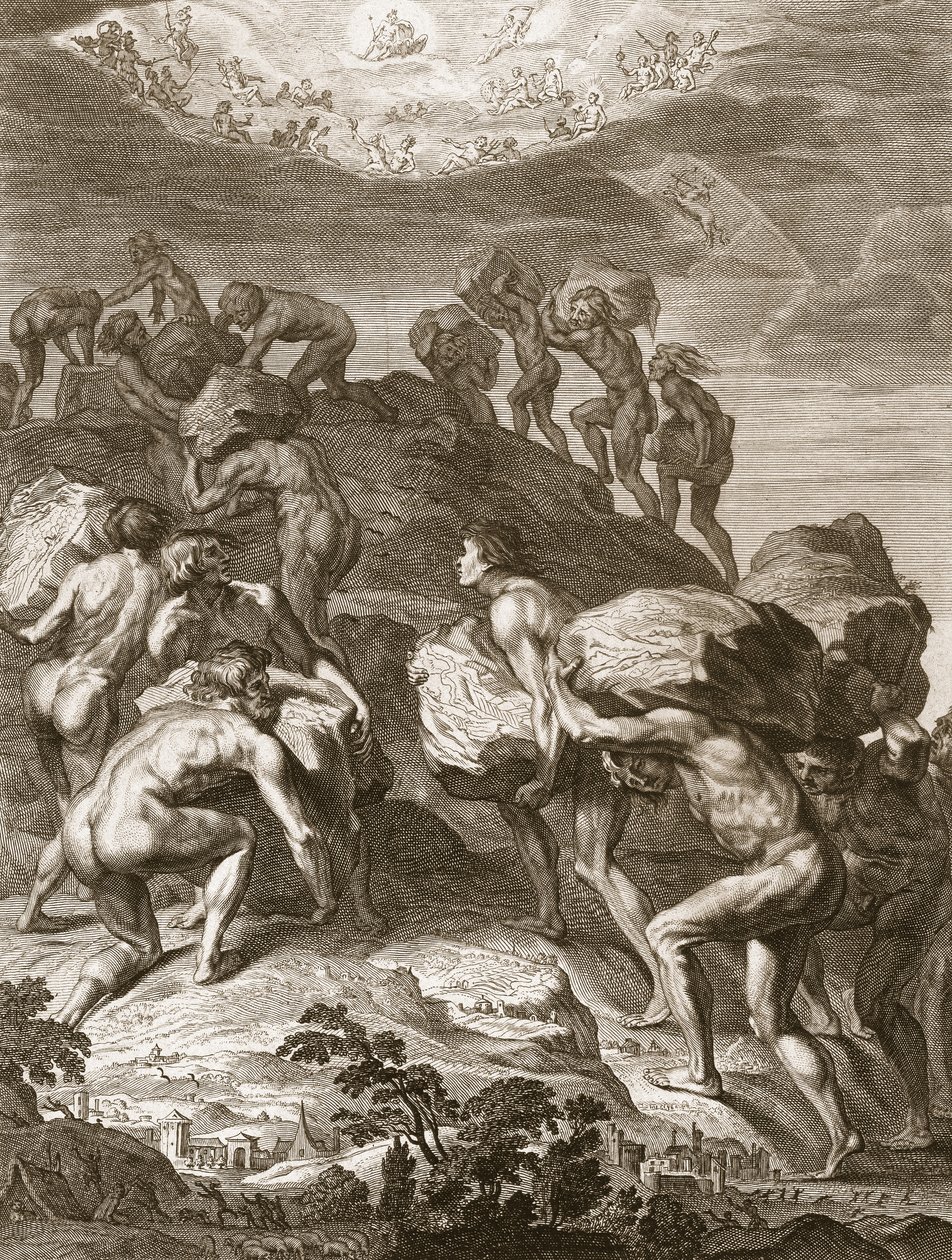 Devler Dağları Üst Üste Yığarak Cenneti Ölçeklemeye Çalışıyorlar, 1731 by Bernard Picart