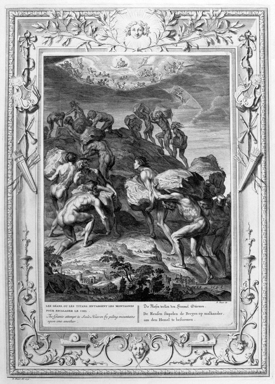 Devler, dağları üst üste yığarak Cennete tırmanmaya çalışırlar, 1733 by Bernard Picart