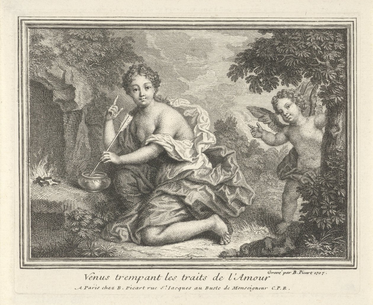 Venüs, pijlen van Amor tarafından karşılandı Venüs Aşkın özelliklerini emer (nesne üzerindeki başlık) by Bernard Picart