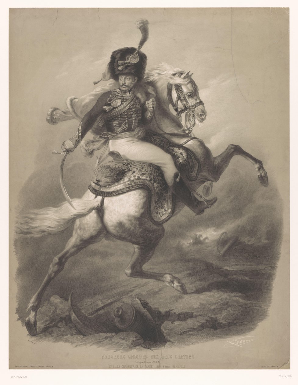 At sırtında saldıran subay Le chasseur de la garde (nesne üzerindeki başlık) İki tür tebeşir içeren yeni taş baskılar (dizi başlığı) Nouveaux groupes aux deux crayons (nesne üzerindeki dizi başlığı) by Bernard Romain Julien
