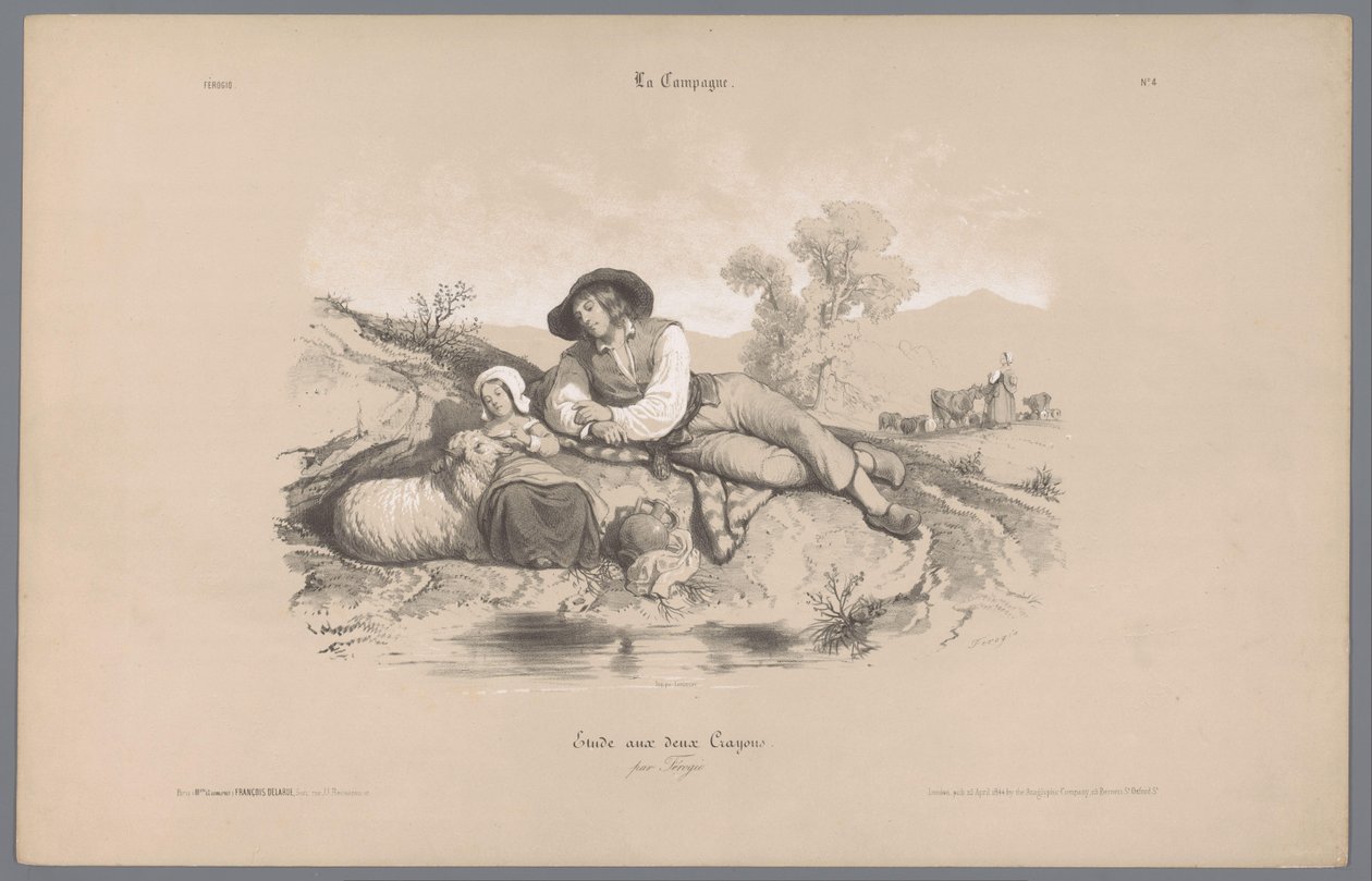 Bir havuzun yanında kızla çoban Kırsal yaşamın tasvirleri (dizi adı) Kampanya. Etudes varieés aux deux Crayons (nesne üzerinde seri başlığı) by Bernard Romain Julien