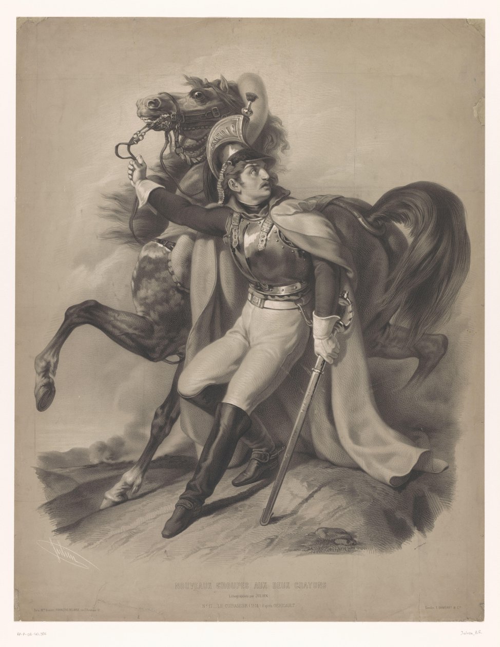 Atının yanında Cussier Le cuirassier (nesne üzerindeki başlık) İki tür tebeşir içeren yeni taş baskılar (seri başlığı) Nouveaux grupları aux deux boya kalemleri (nesne üzerinde seri başlığı) by Bernard Romain Julien