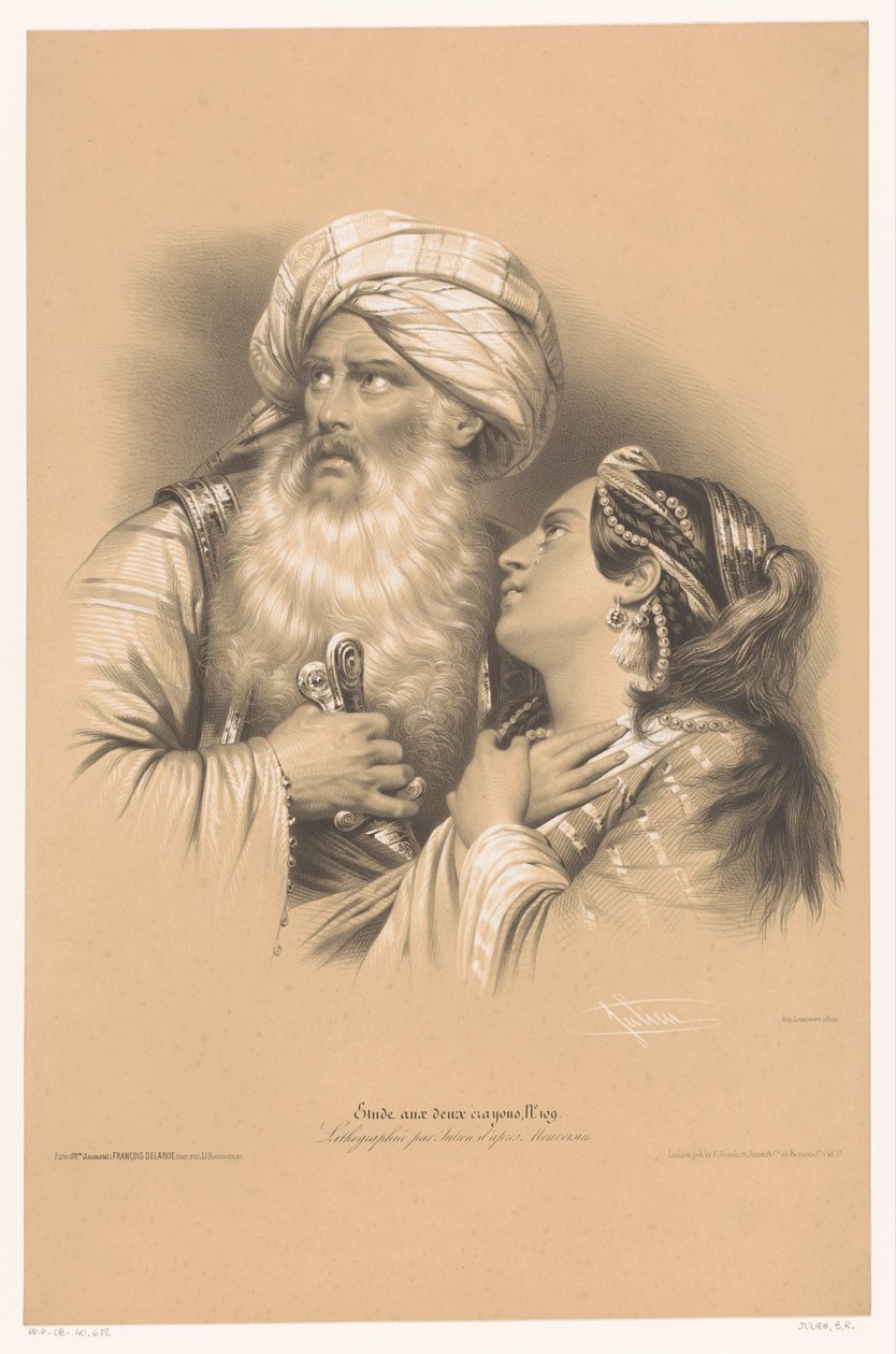 Türbanlı adam ve ağlayan kadın İki tür tebeşirle ilgili çalışmalar (dizi başlığı) Etude aux deux Boya Kalemleri (nesne üzerinde seri başlığı) by Bernard Romain Julien