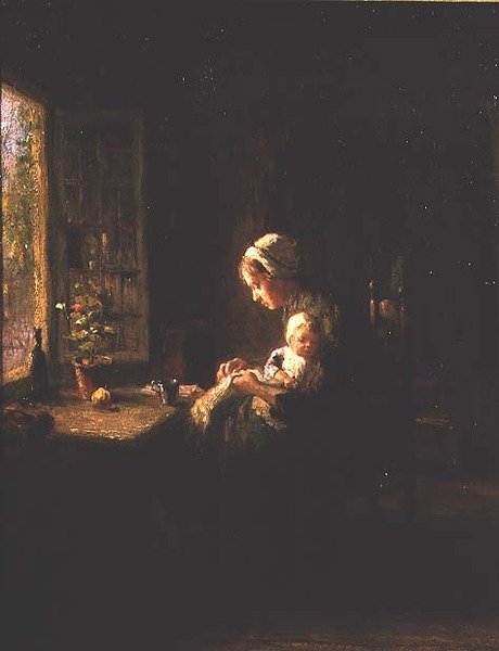 Bir pencerenin yanında bir iç mekanda anne ve çocuk by Bernard de Hoog