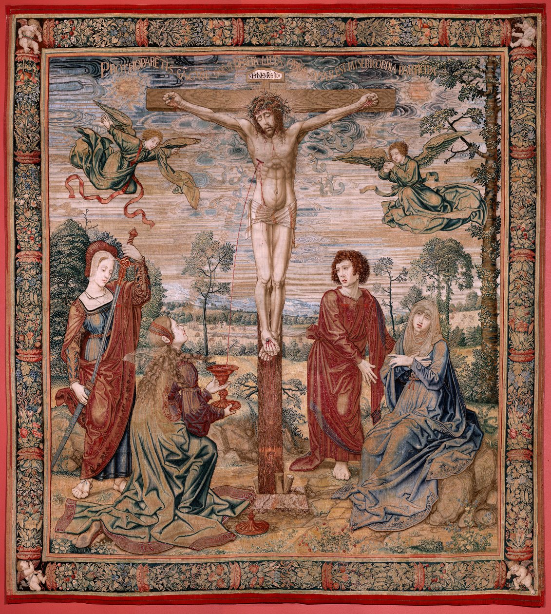 Flaman halısı. Charles V Serisi Dais (Avusturya Margaret Baldachin). Merhamet Mesih (Cristo de la Misericordia). Platformun arkasındaki goblen paneli. Model Bernard van Orley (1491-1542). Pieter de Pannemaker, Brüksel imalatı. 1518-1524. Kumaş G by Bernard van Orley