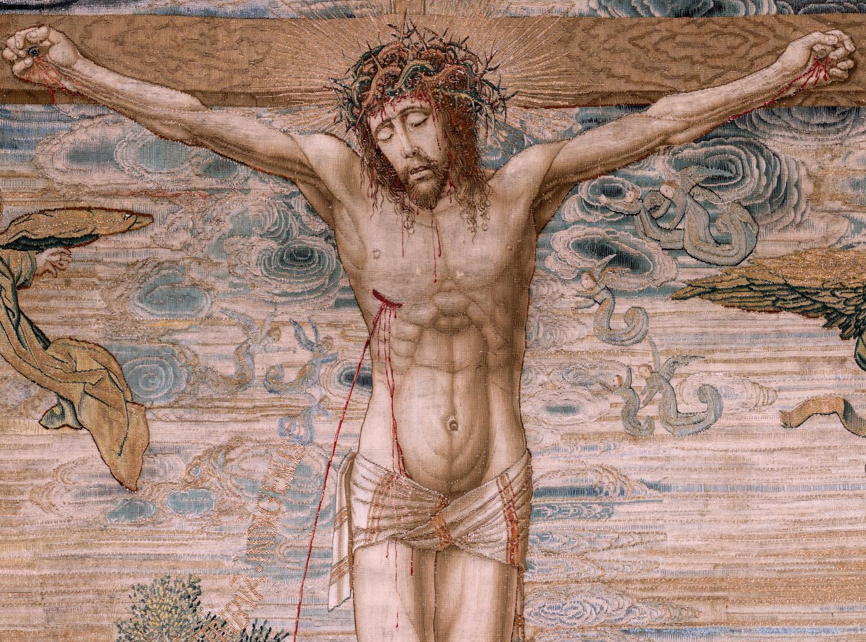 Flaman halısı. Charles V Serisi Dais (Avusturya Margaret Baldachin). Merhamet Mesih (Cristo de la Misericordia). Platformun arkasındaki goblen paneli. Model Bernard van Orley (1491-1542). Pieter de Pannemaker, Brüksel imalatı. 1518-1524. Kumaş G by Bernard van Orley