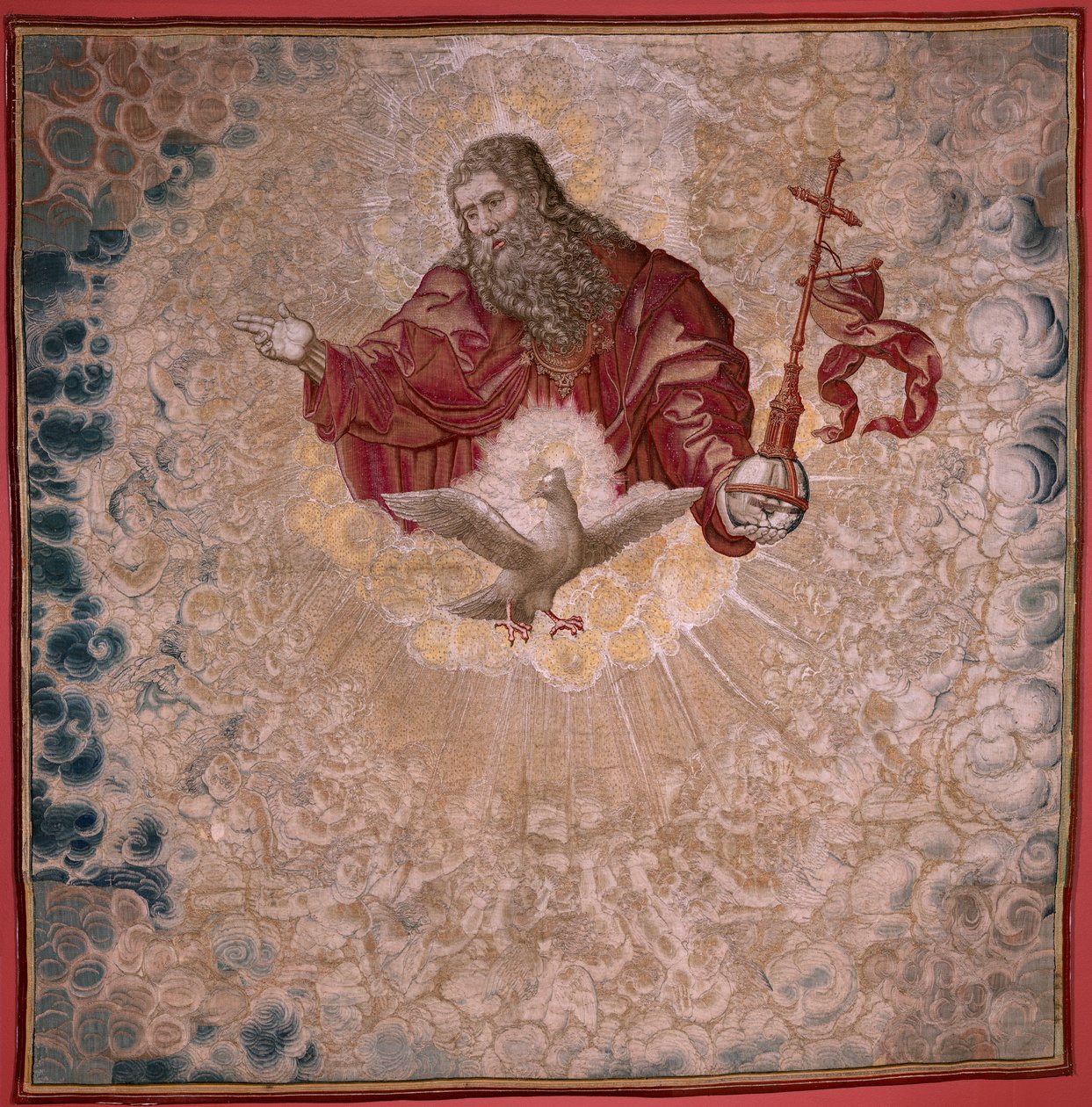 Flaman halısı. Charles V Serisi Dais (Avusturya Margaret Baldachin). Tanrı Baba ve Kutsal Ruh (El Padre Eterno y el Espíritu Santo). Papatyanın goblen baldakeni. Model Bernard van Orley (1491-1542). Pieter de Pannemaker imalatı, by Bernard van Orley