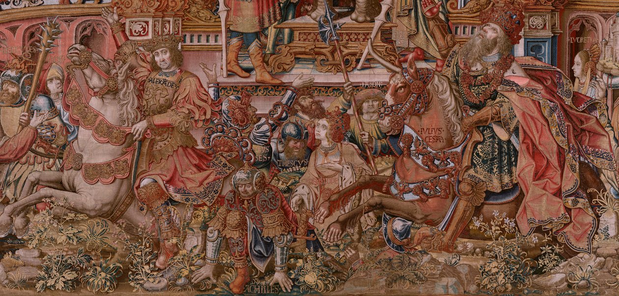 Flaman halısı. Seri Onur. Şöhret (La Fama). Serinin üçüncü halısı. Bernard van Orley ve Jan Gossaert (Mabuse) çevresinden Model Karikatürcüler. Pieter van Aelst, Brüksel imalatı. Ca 1550. Kumaş Altın, gümüş, ipek ve yün. by Bernard van Orley