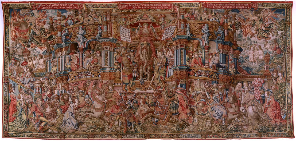 Flaman halısı. Dizi Onur. Şöhret (La Fama). Serinin üçüncü halısı. Bernard van Orley ve Jan Gossaert (Mabuse) çevresinden Model Karikatürcüler. Pieter van Aelst, Brüksel imalatı. Ca 1550. Kumaş Altın, gümüş, ipek ve yün. by Bernard van Orley