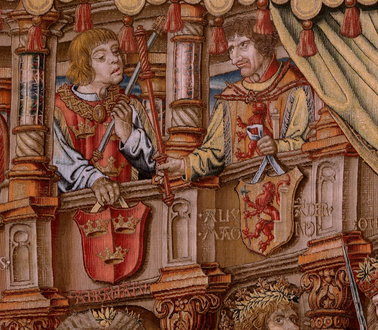 Flaman halısı. Seri Onur. Onur (El Onur). Serinin ikinci halısı. Bernard van Orley ve Jan Gossaert (Mabuse) çevresinden Model Karikatürcüler. Pieter van Aelst, Brüksel imalatı. Ca 1550. Kumaş Altın, gümüş, ipek ve yün. by Bernard van Orley