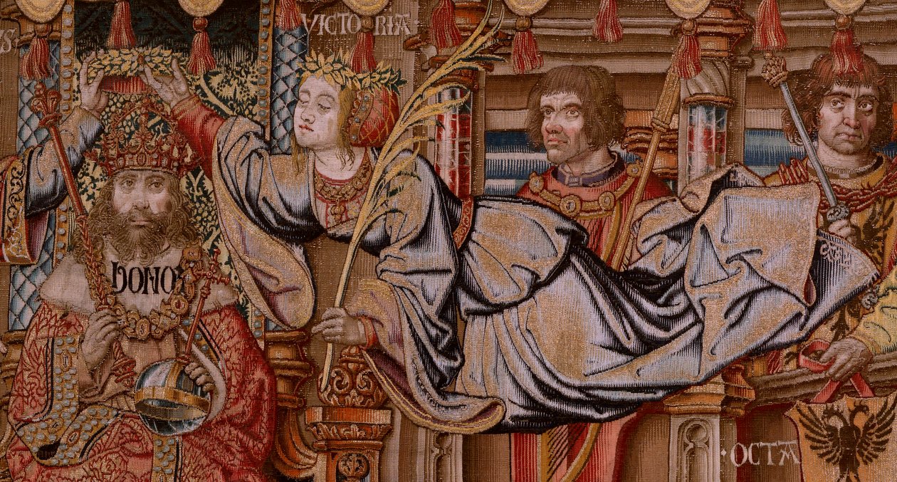 Flaman halısı. Dizi Onur. Onur (El Onur). Serinin ikinci halısı. Bernard van Orley ve Jan Gossaert (Mabuse) çevresinden Model Karikatürcüler. Pieter van Aelst, Brüksel imalatı. Ca 1550. Kumaş Altın, gümüş, ipek ve yün. by Bernard van Orley