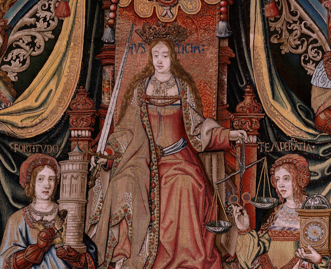 Flaman halısı. Seri Onur. Adalet (La Justicia, Los Honores). Serideki dokuzuncu goblen. Bernard van Orley ve Jan Gossaert (Mabuse) çevresinden Model Karikatürcüler. Pieter van Aelst, Brüksel imalatı. Ca 1550. Kumaş Altın, gümüş, by Bernard van Orley