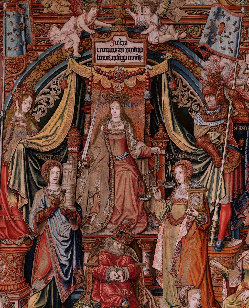 Flaman halısı. Seri Onur. Adalet (La Justicia, Los Honores). Serideki dokuzuncu goblen. Bernard van Orley ve Jan Gossaert (Mabuse) çevresinden Model Karikatürcüler. Pieter van Aelst, Brüksel imalatı. Ca 1550. Kumaş Altın, gümüş, by Bernard van Orley