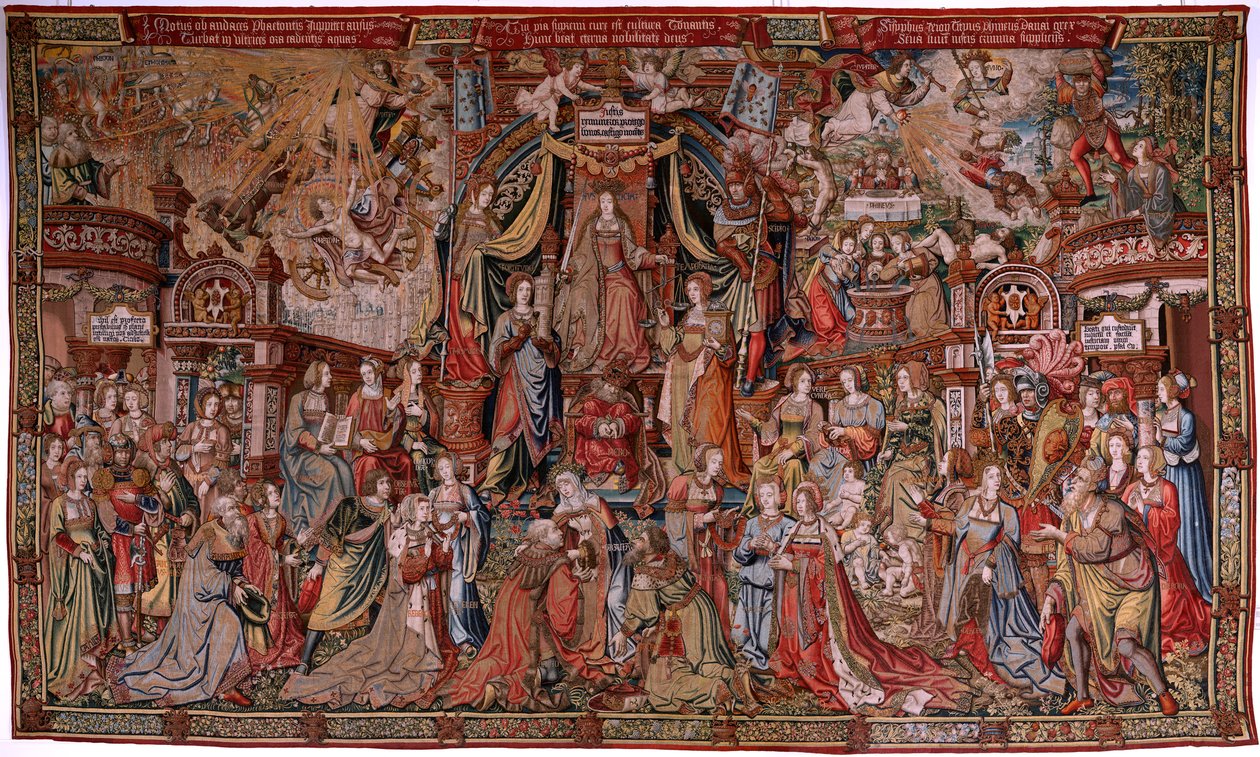 Flaman halısı. Seri Onur. Adalet (La Justicia, Los Honores). Serideki dokuzuncu goblen. Bernard van Orley ve Jan Gossaert (Mabuse) çevresinden Model Karikatürcüler. Pieter van Aelst, Brüksel imalatı. Ca 1550. Kumaş Altın, gümüş, by Bernard van Orley