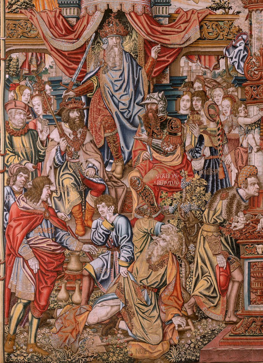 Flaman halısı. Dizi Onur; Asalet (La Nobleza). Serinin dördüncü halısı. Bernard van Orley ve Jan Gossaert (Mabuse) çevresinden Model Karikatürcüler. Pieter van Aelst, Brüksel imalatı. Ca 1550. Kumaş Altın, gümüş, ipek ve yün by Bernard van Orley