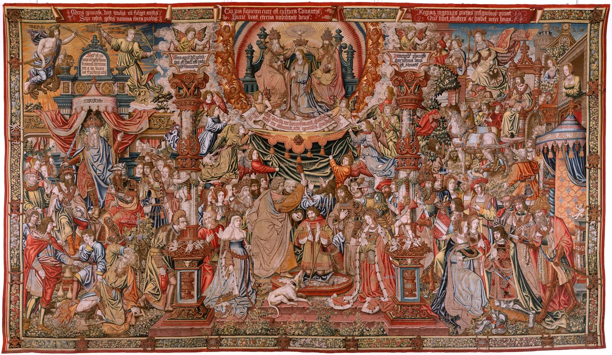 Flaman halısı. Dizi Onur; Asalet (La Nobleza). Serinin dördüncü halısı. Bernard van Orley ve Jan Gossaert (Mabuse) çevresinden Model Karikatürcüler. Pieter van Aelst, Brüksel imalatı. Ca 1550. Kumaş Altın, gümüş, ipek ve yün by Bernard van Orley