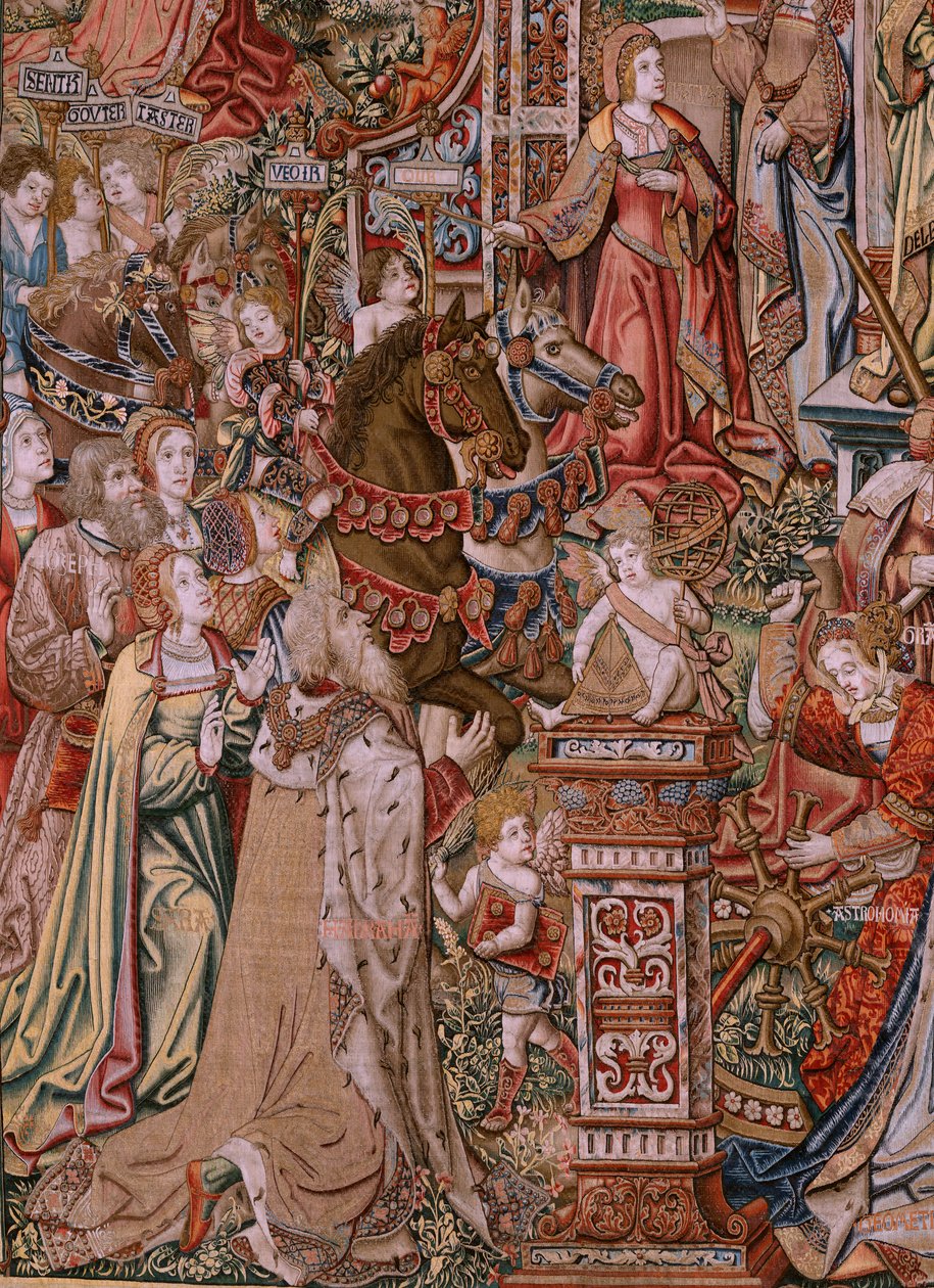 Flaman halısı. Dizi Onur; Prudence (La Prudencia). Serideki yedinci duvar halısı. Bernard van Orley ve Jan Gossaert (Mabuse) çevresinden Model Karikatürcüler. Pieter van Aelst, Brüksel imalatı. Ca 1550. Kumaş Altın, gümüş, ipek ve w by Bernard van Orley