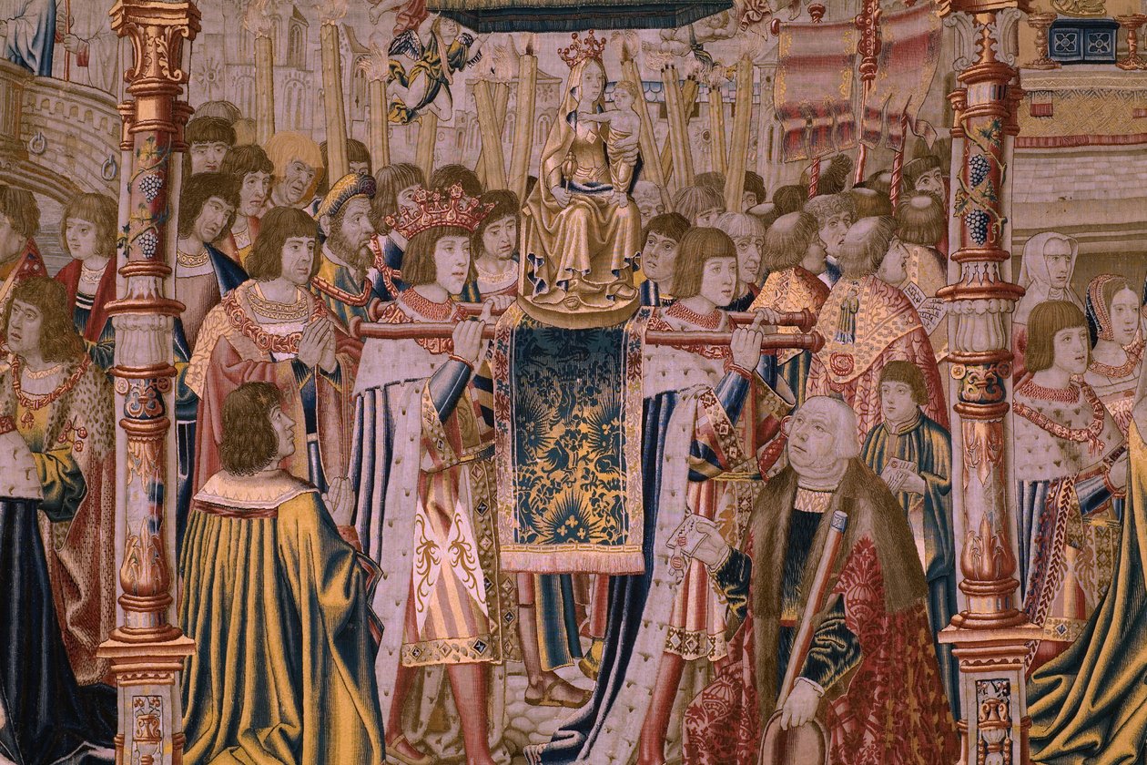 Flaman halısı. Seri The Legend of the Madonna of the Sablon (The Legend of the Lady of the Sablon). Madonna heykelinin gelişi. Brüksel üretimi. Karikatürist Barend van Orley by Bernard van Orley