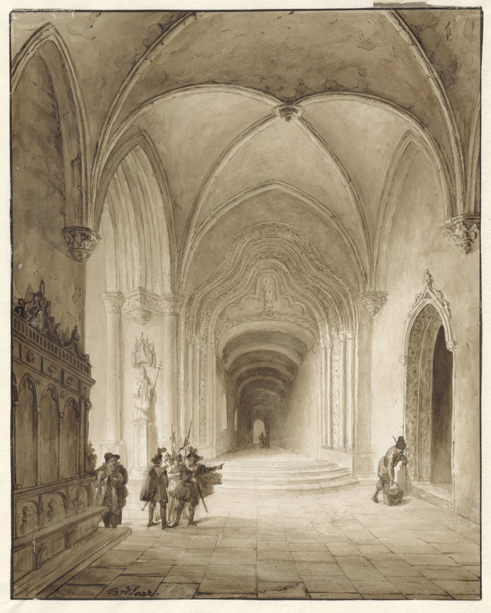 Girişte savaşçılar ile kilise iç by Bernard van de Laar
