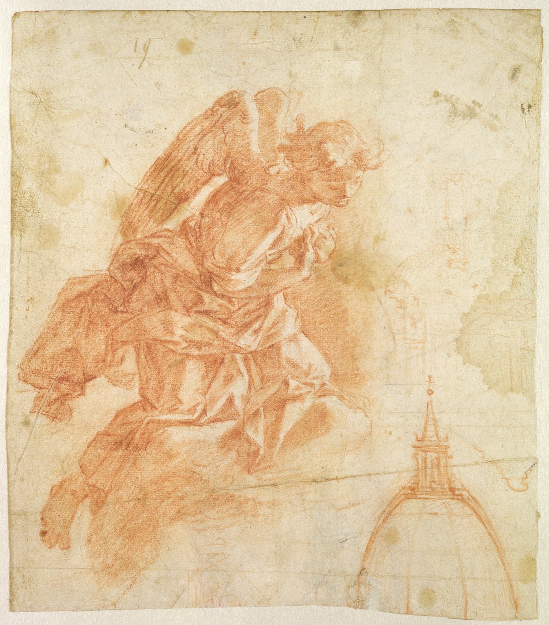 Asma melek ve mimari eskiz, c.1600 (kağıt üzerine kırmızı tebeşir) by Bernardino Barbatelli Poccetti