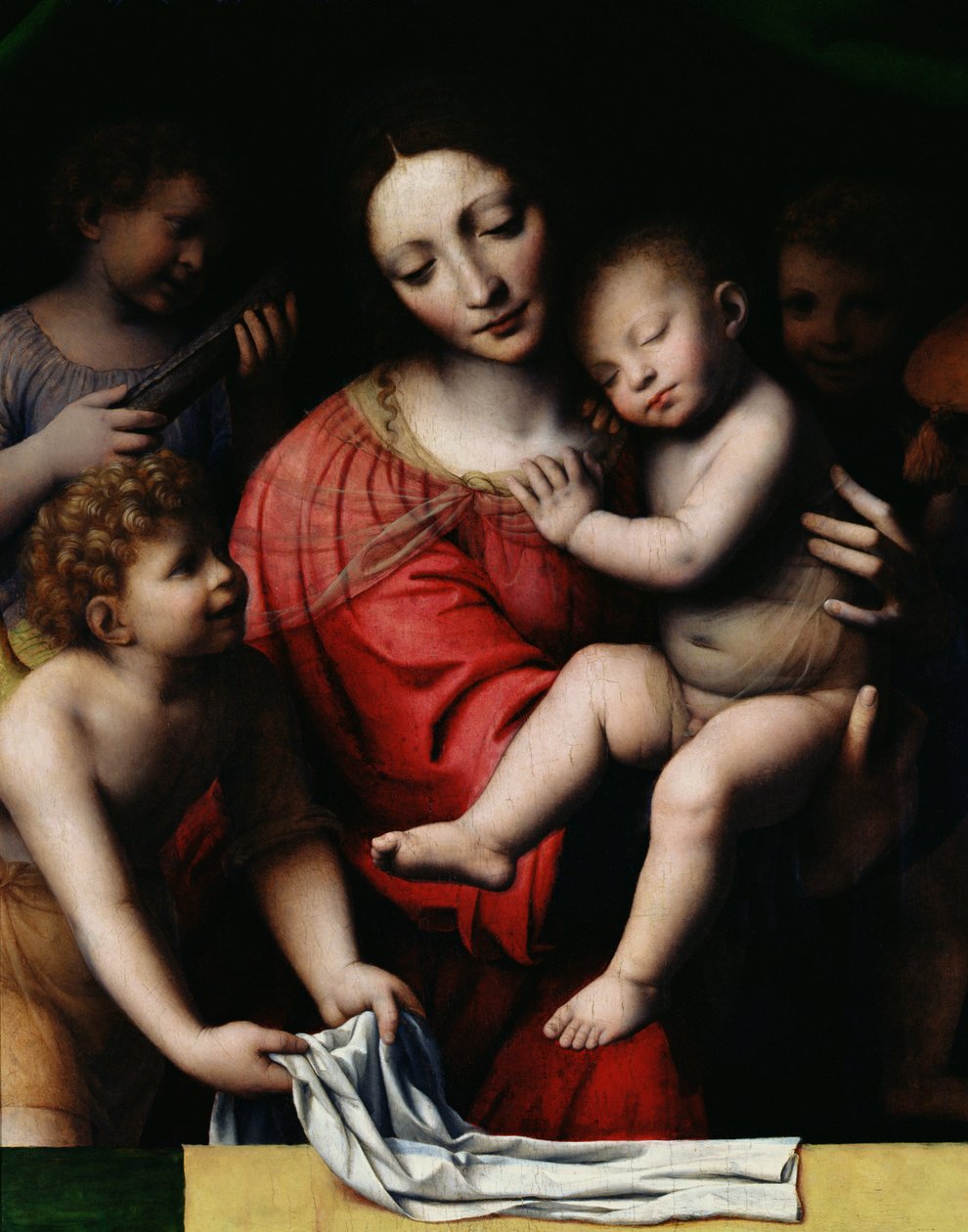 Uyuyan İsa veya uyuyan Çocuğu tutan Madonna, üç melek eşliğinde, 1532 by Bernardino Luini
