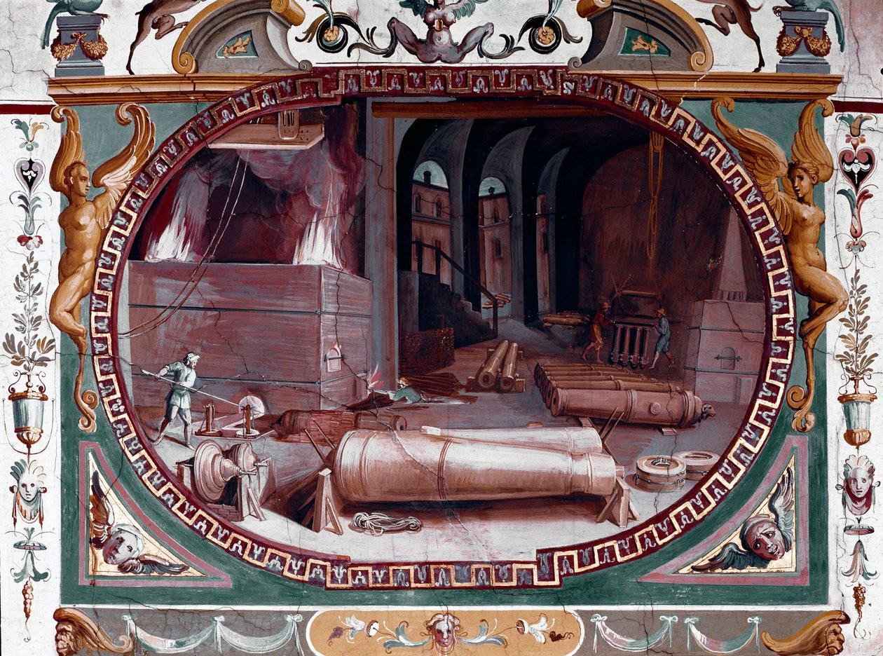 Bir silah dökümhanesinin atölyesinin temsili. Bernardino Barbatelli dit Poccetti (1548-1612) tarafından fresk Floransa, Uffizi Galerisi (Uffizi) by Bernardino Barbatelli Poccetti
