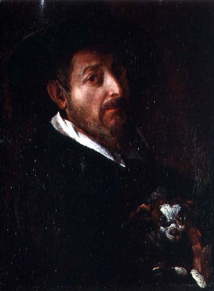 Köpekli Otoportre (tuval üzerine yağlı boya) by Bernardino Barbatelli Poccetti
