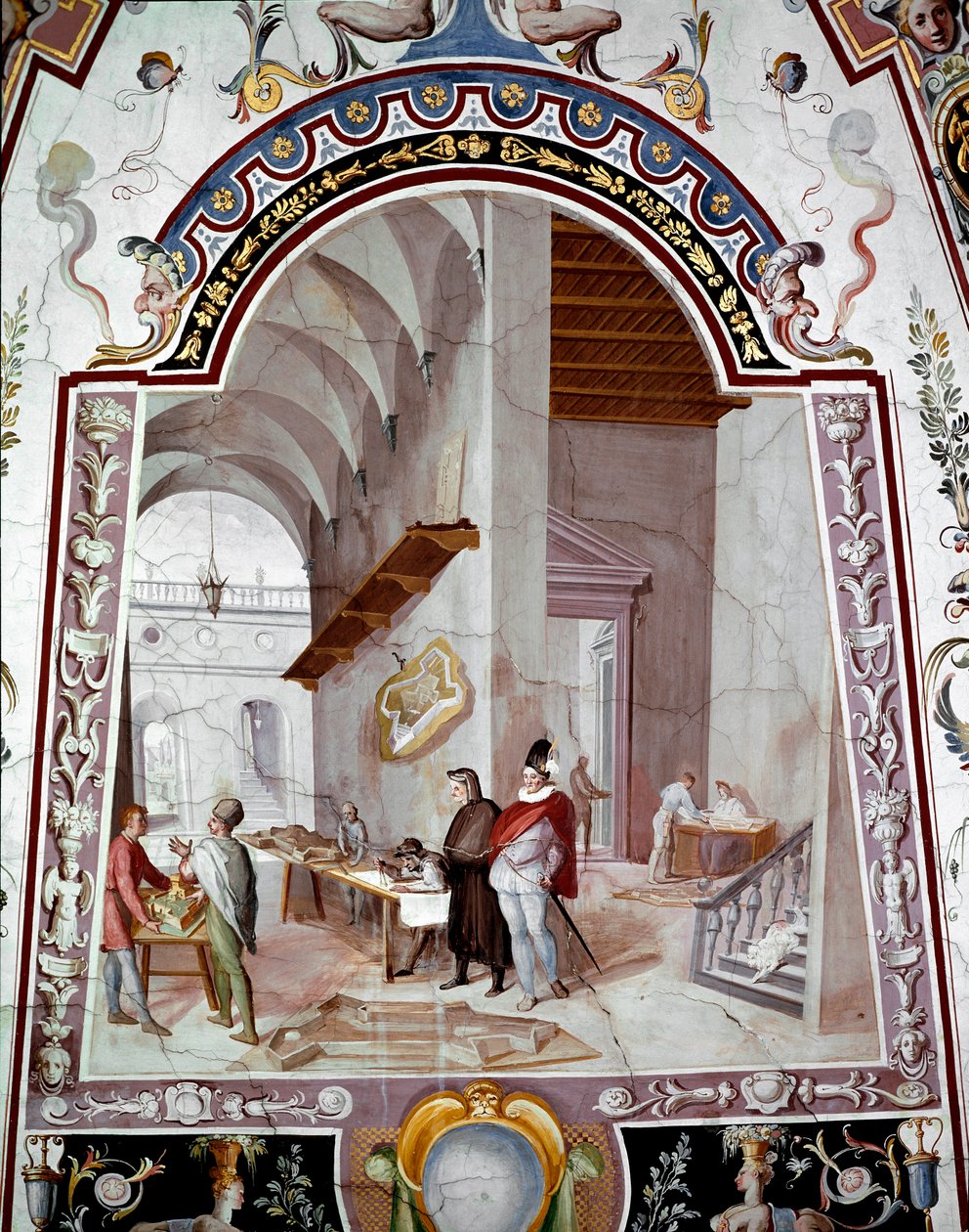Bir mimarın atölyesinin görünümü. Bernardino Barbatelli dit il Poccetti (1548-1612) tarafından yapılan fresk 17. yüzyıl Uffizi Galerisi (Ofisler) Floransa by Bernardino Barbatelli Poccetti