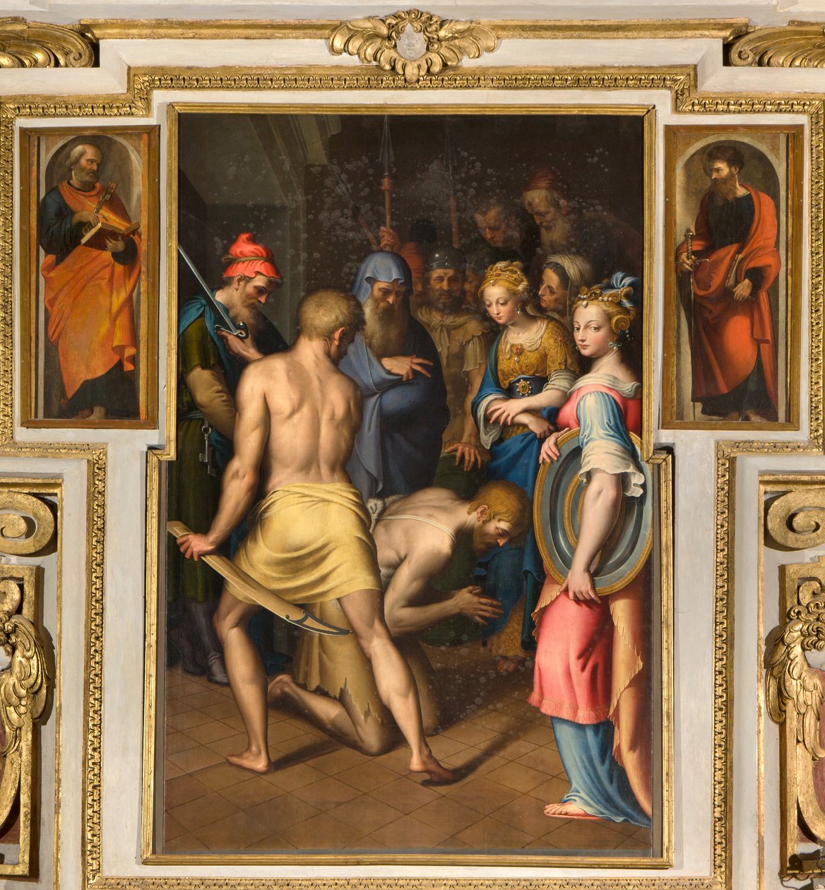 Our Lady of the People Şapeli, İkinci açıklık kuzey tarafı, Bernardino Campi, Vaftizcinin Decollation of the Baptist 1569, Yanlarda St. Peter ve St. Paul 1520-30 by Bernardino Campi
