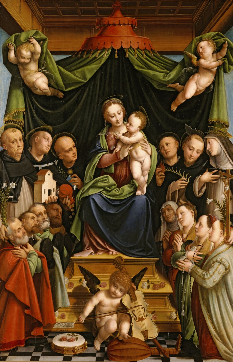 Madonna ve Çocuk Azizler ve Bağışçılarla Taht Edildi by Bernardino Lanino