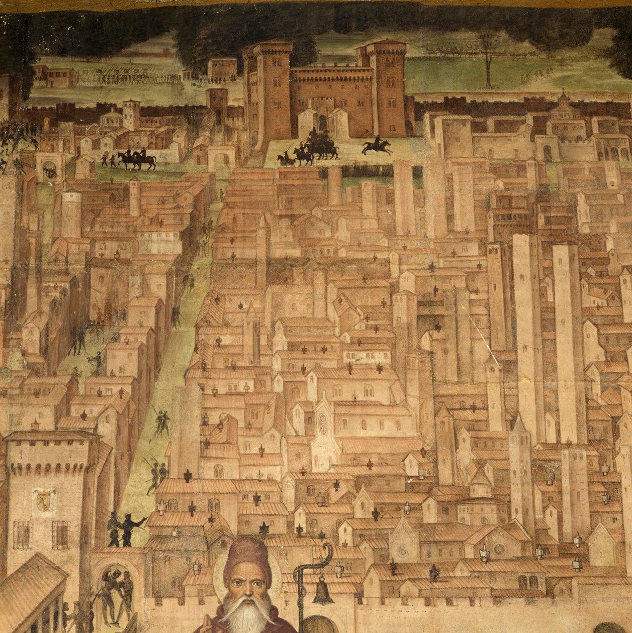 St Anthony ve Pavia manzarası, Stories of St Theodore döngüsünden detay, Bernardino Lanzani (1460-1530 ca), St Theodore Kilisesi, Pavia, Lombardiya, İtalya tarafından freskler by Bernardino Lanzani da San Colombano